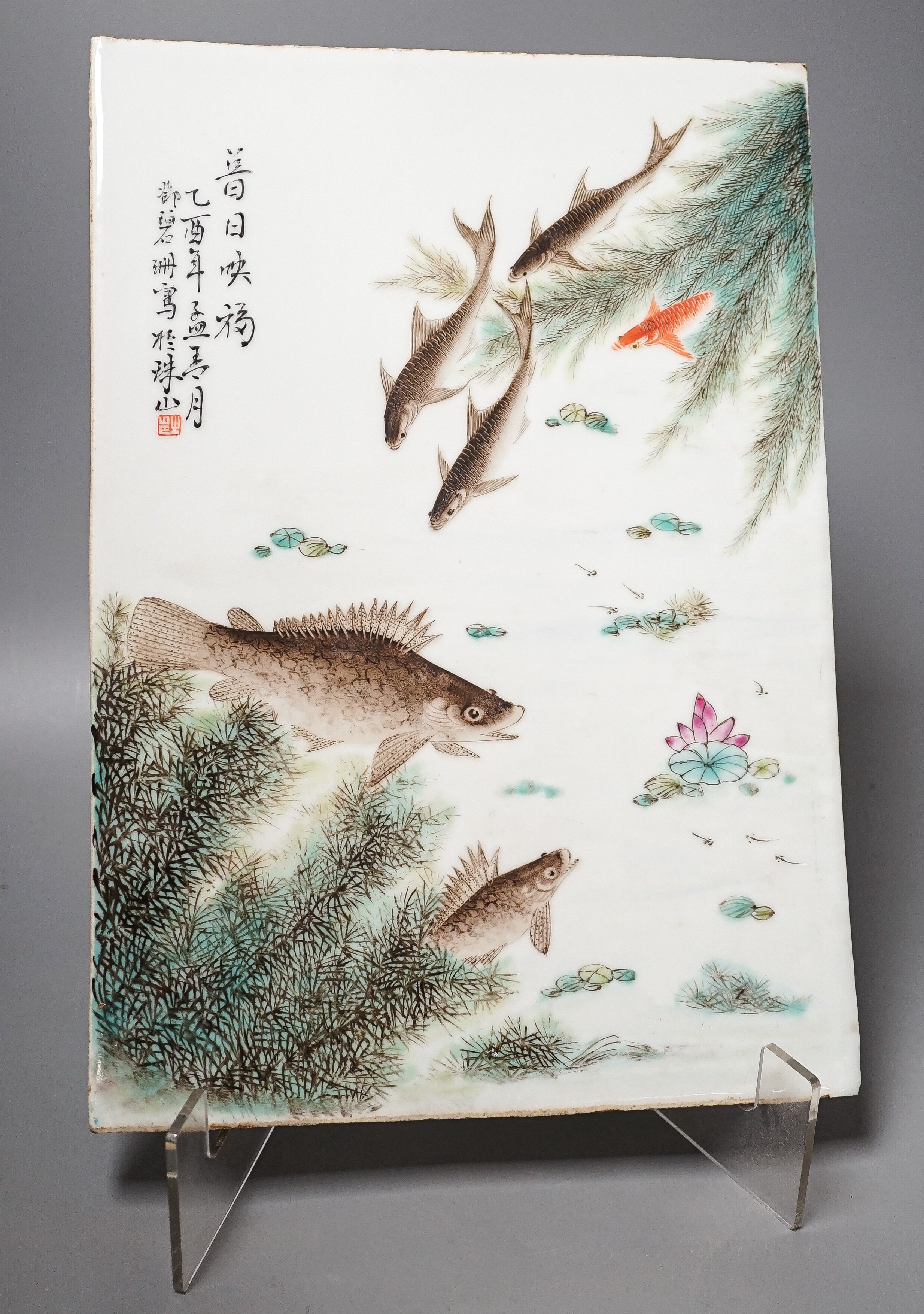 A Chinese famille rose porcelain rectangular plaque, Republic period (1912-49), painted with fish in a pond amid weed and inscribed upper left 36.5x25.5cm
